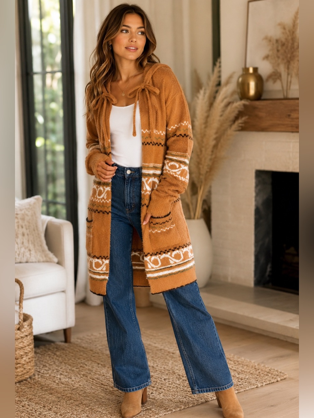 Women's Hooded Beige Patterned Sweater Cardigan